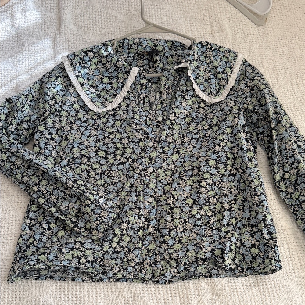 Maje Floral Blouse with Ruffled Collar